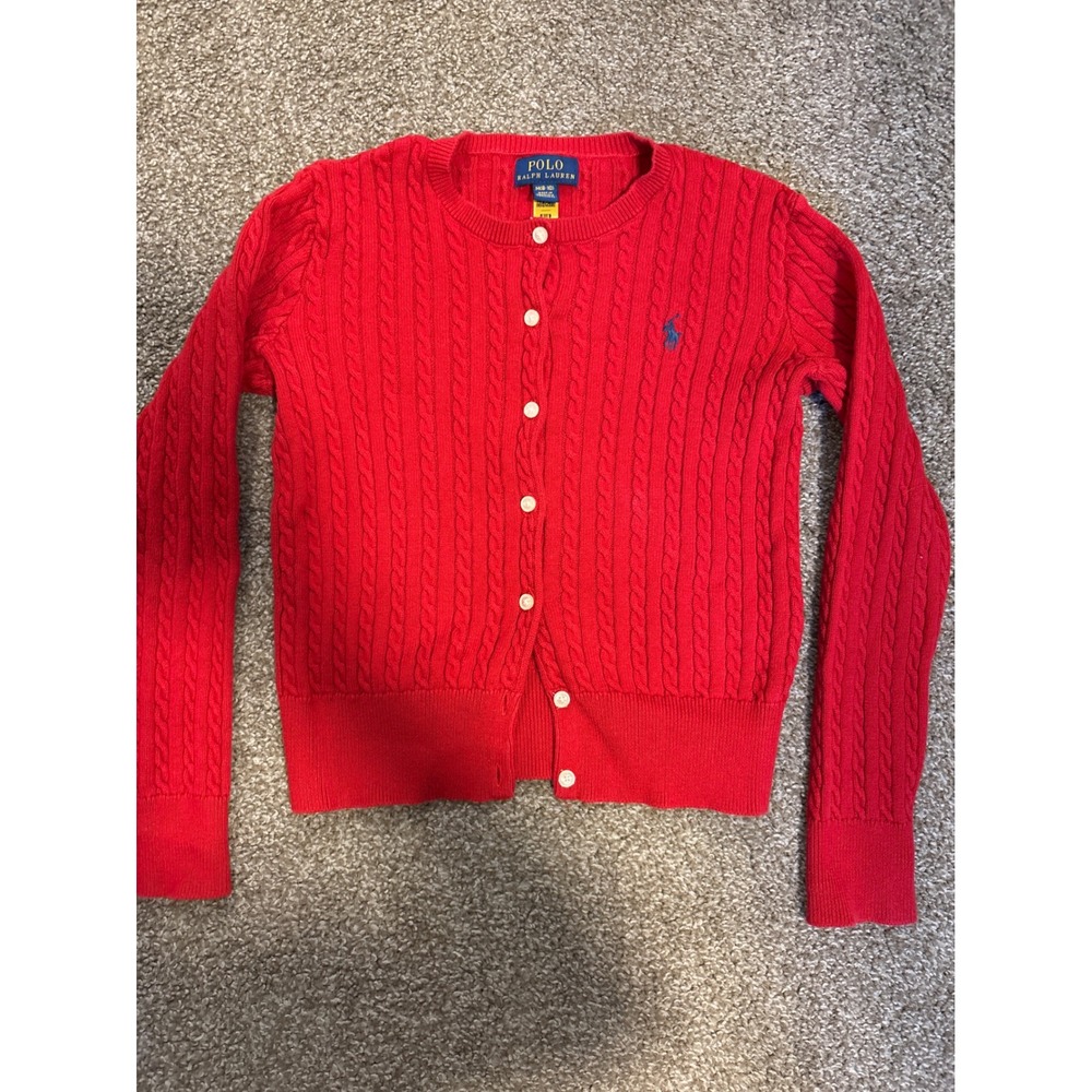 Polo Ralph Lauren Cardigan Girls M 8-10 Red Excellent Cable Knit Button Front